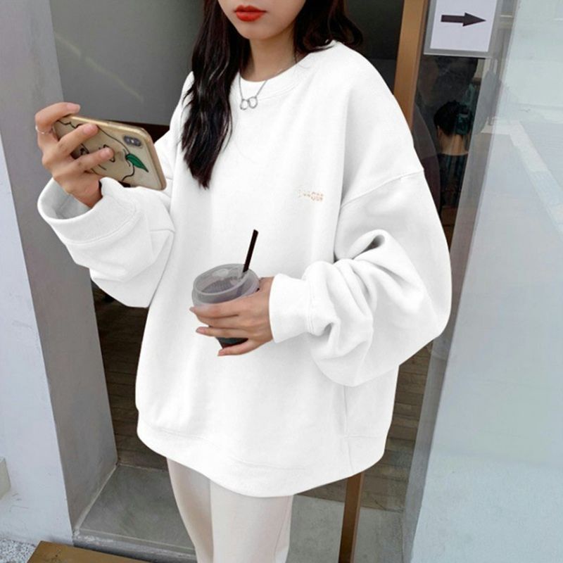 Áo sweater tay dài dáng rộng màu trơn phong cách Hàn Quốc dễ phối đồ