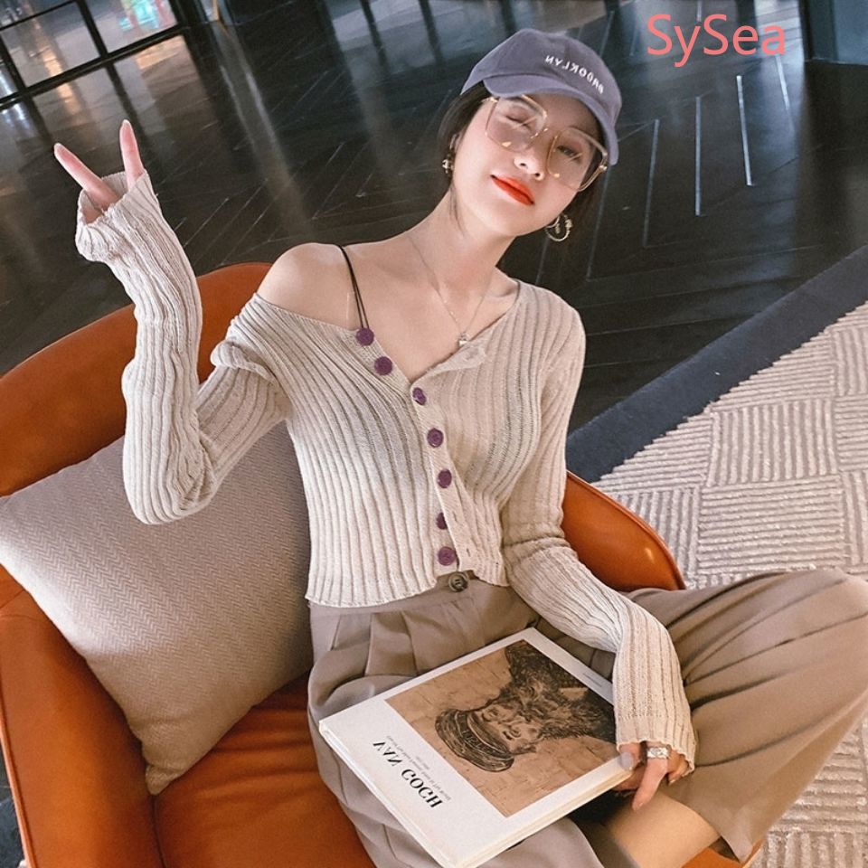 Áo Croptop Dệt Kim Tay Dài Thời Trang Mùa Hè Cho Nữ