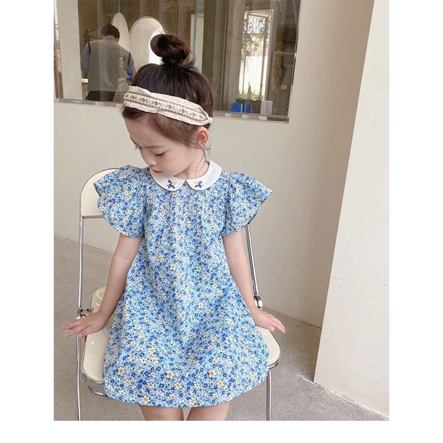 Váy Next hoa nhí xanh - cổ sen thêu hoa cho bé gái