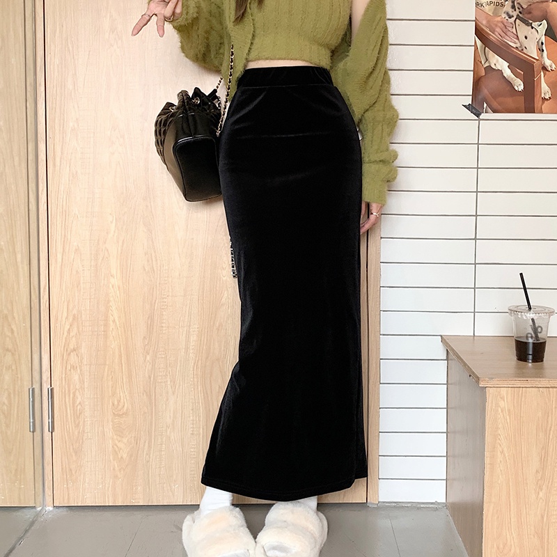 Chân váy SUXI dáng dài vải nhung lưng cao màu trơn phong cách vintage thời trang mùa thu dành cho nữ