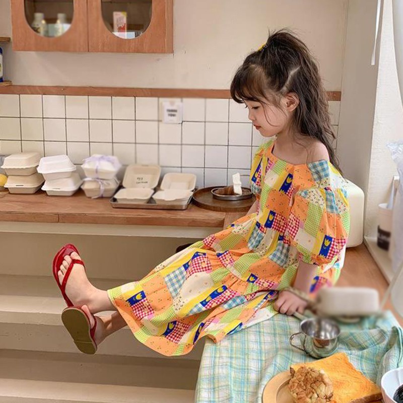 Đầm Tay Phồng Cổ Vuông Họa Tiết Sọc Caro Dễ Thương Phong Cách Hàn Quốc Thời Trang Mùa Hè Cho Bé Gái