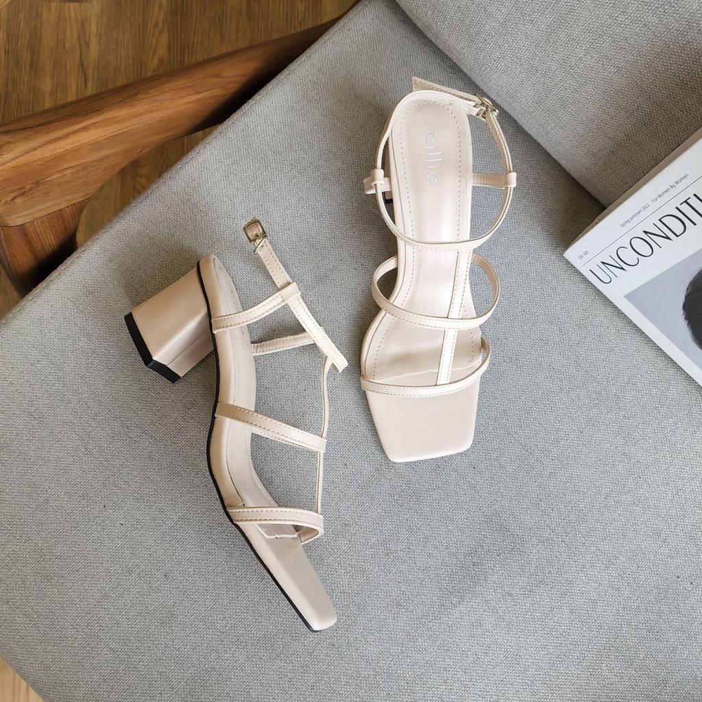Giày sandal cao nữ quai mảnh chiến binh đế vuông cao 5cm đi học đi làm Cillie 1098