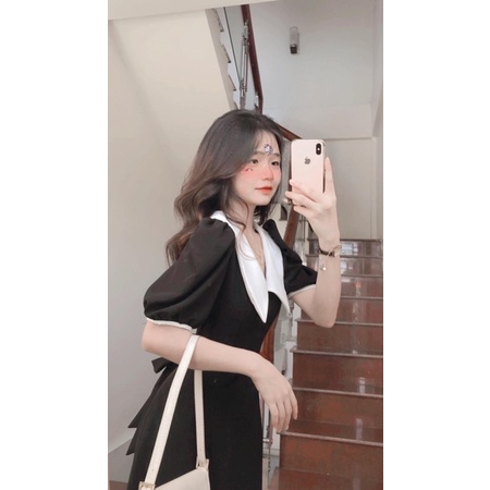 Đầm midi đen phối cổ trắng tay phồng tiểu thư MS010