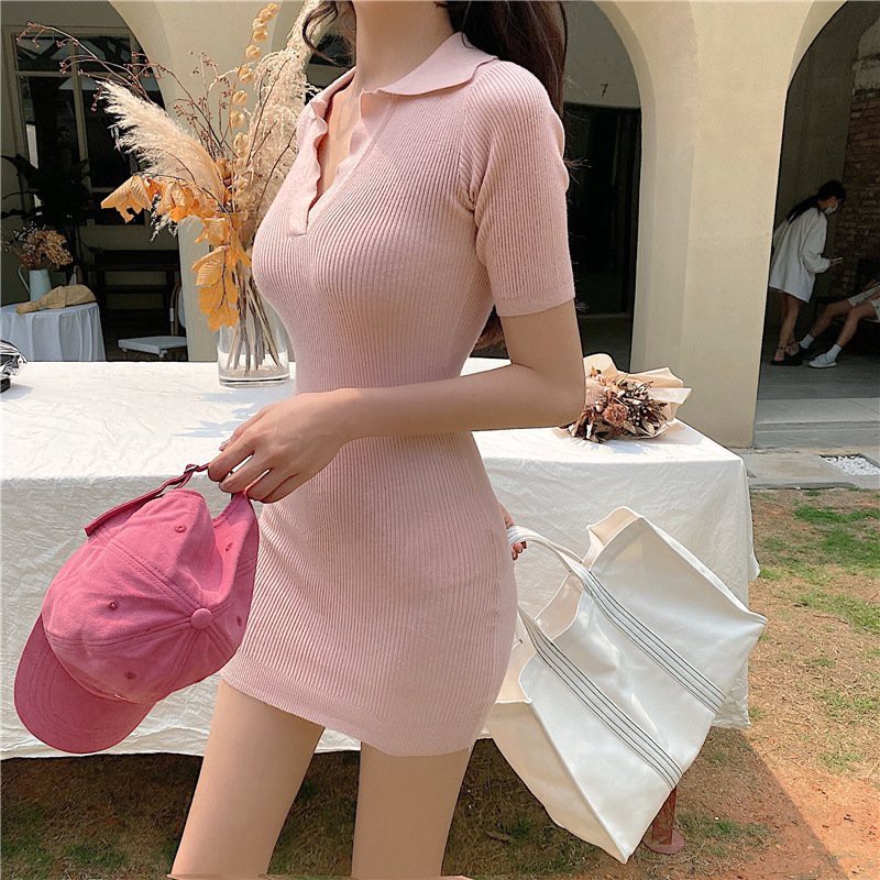 Váy Thun Tăm Polo PEONYB Nữ [FREESHIP]  Đầm tay lỡ cổ V dáng ôm body dự tiệc bánh bèo tiểu thư Ulzzang