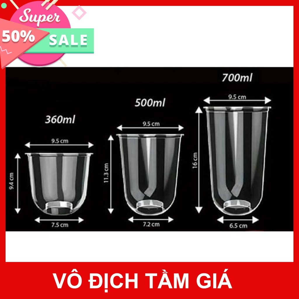 50 cốc nhựa đáy tròn chữ U đựng trà sữa 500ml (không nắp)