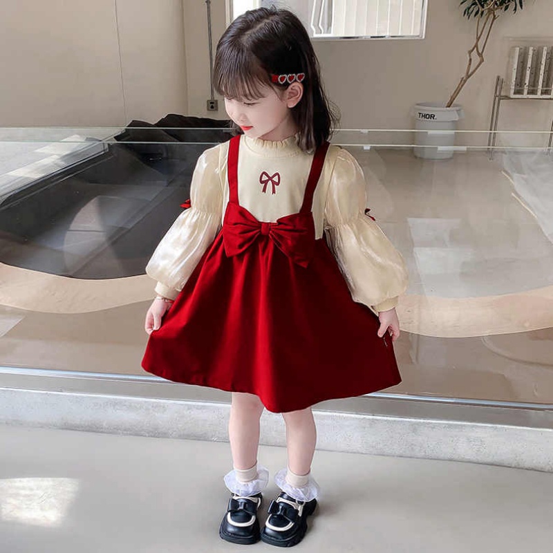 Đầm Công Chúa Giả Hai Lớp Phối Ren Thắt Nơ Xinh Xắn Cho Bé Gái