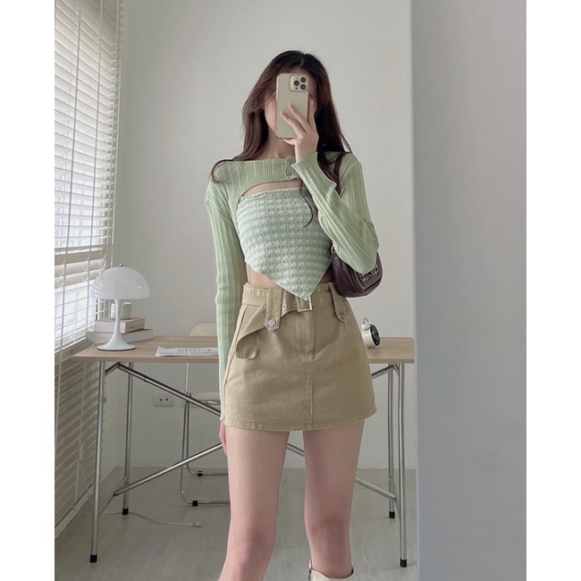 [Ảnh thật/Video]SET ÁO Mongtogi MIX CROPTOP QH siêu đẹp Set áo hai dây kèm cadigan Hàn Quốc