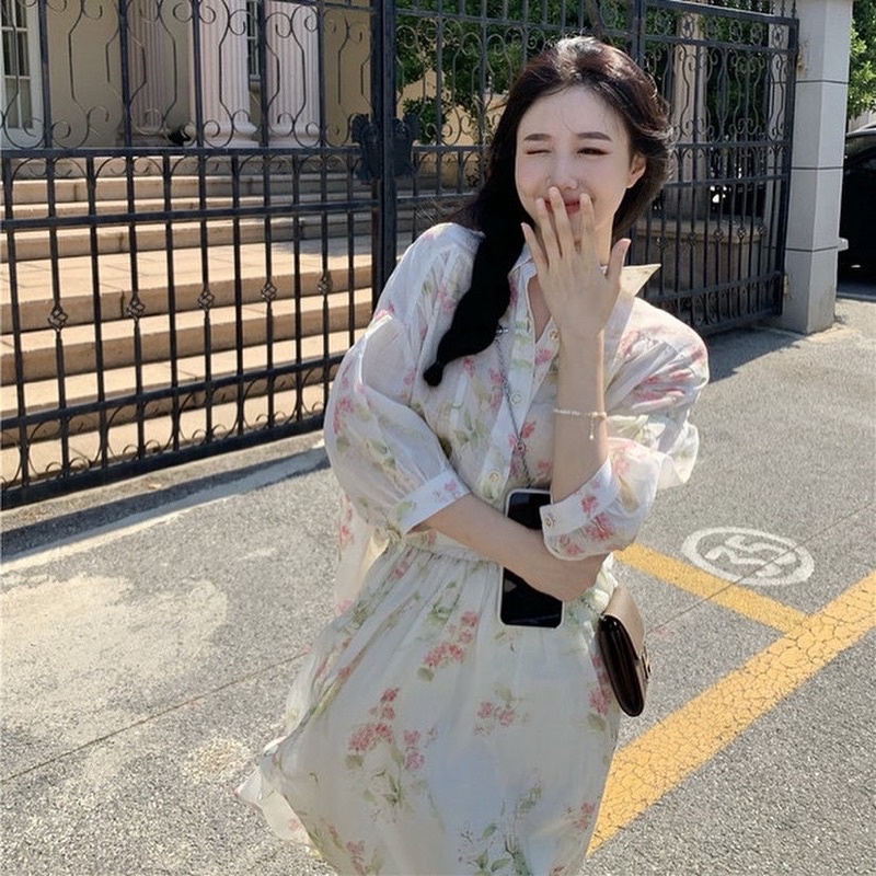 Set áo sơmi váy hoa dáng dài ulzzang