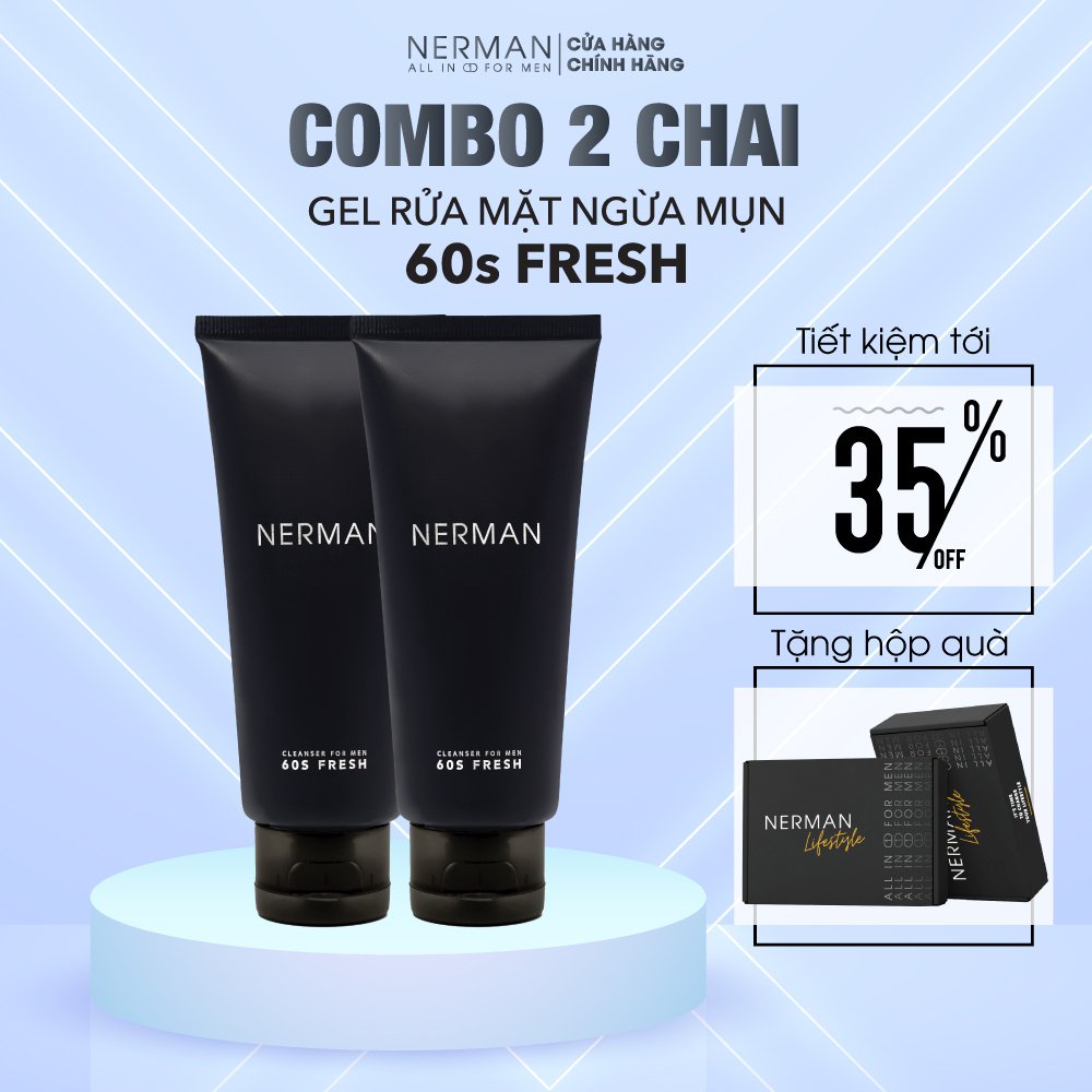 COMBO 2 Gel rửa mặt ngừa mụn nam Nerman Nano Curcumin 60s Fresh 100ml/tuýp