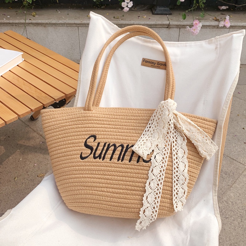 Túi xách nữ thời trang mới Thông thường đơn giản thêu chữ cái Túi đeo vai Đi biển Kỳ nghỉ Túi xách bện (bao gồm ruy băng)