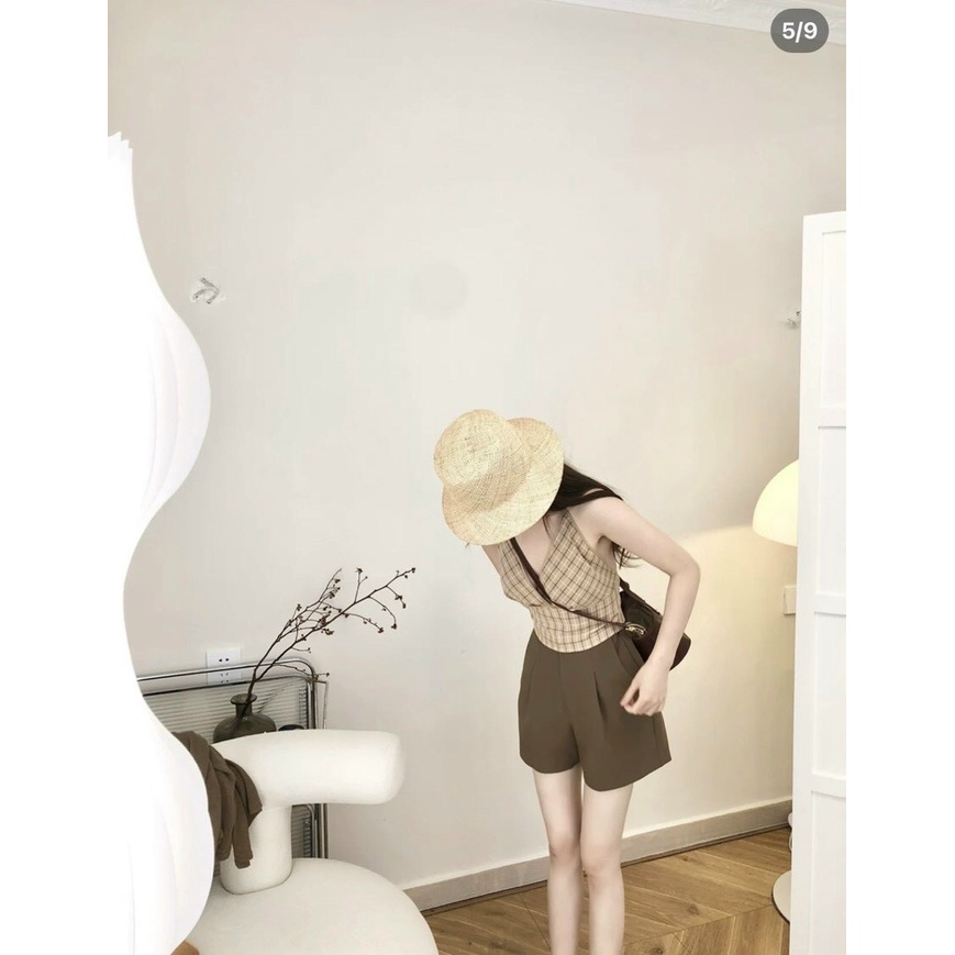 Set Áo Caro Hồng Cổ Yếm Kèm Sơ Mi Nâu + Short Nâu