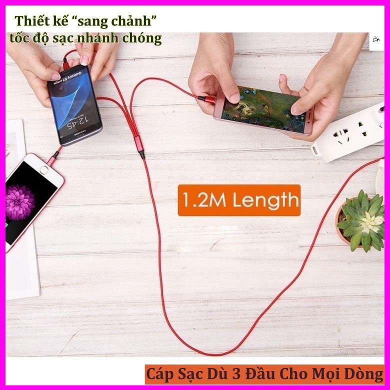 Cáp Sạc Dù 3 Đầu Đa Năng Type-C, Lightning,Mirco-US B Cho Điện Thoại Samsung Oppo Xiaomi Apple iPhone VSmart Huawei