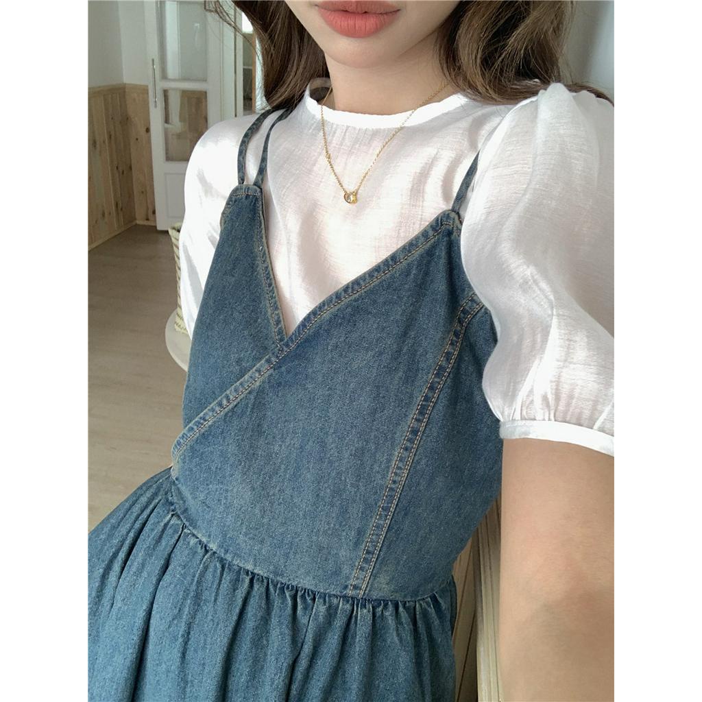 Váy Yếm Denim Cổ Tròn Thời Trang Hàn Quốc Đơn Giản 63851