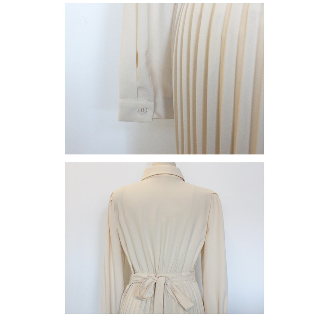 Đầm sơ mi chic dài tay dáng xòe xếp ly màu quả mơ Hàn Quốc