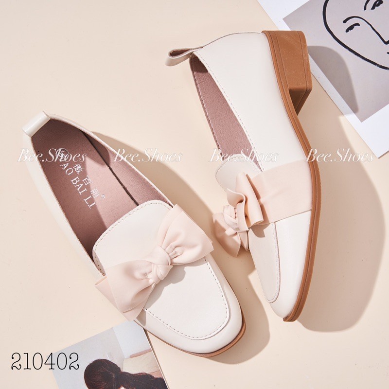 BEESHOES - GIÀY BÚP BÊ NỮ MŨI VUÔNG NƠ - GIÀY BÚP BÊ NỮ MŨI VUÔNG NƠ ĐẾ VUÔNG CAO 2 PHÂN SẴN MÀU KEM 210402