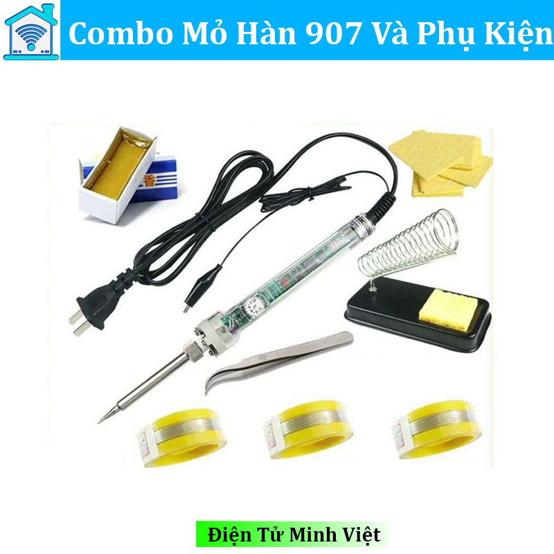 Combo Mỏ Hàn 907 220V-60W Và 7 Món Phụ Kiện (Kẹp Linh Kiện, Kệ Hàn, Bọt Biển, 3 Cuộn Thiếc, Nhựa Thông)