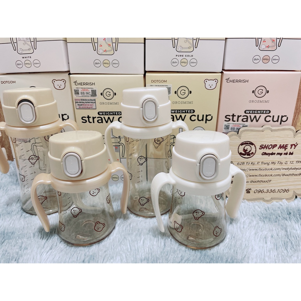 Bình hút Grosmimi 200ml/ 300ml, bình tập hút nắp bật Gấu Dotgom/ Cherry PPSU cho bé từ 6 tháng