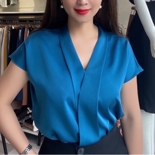 Áo sơ mi cổ v cao cấp, áo sơ mi lụa màu xanh