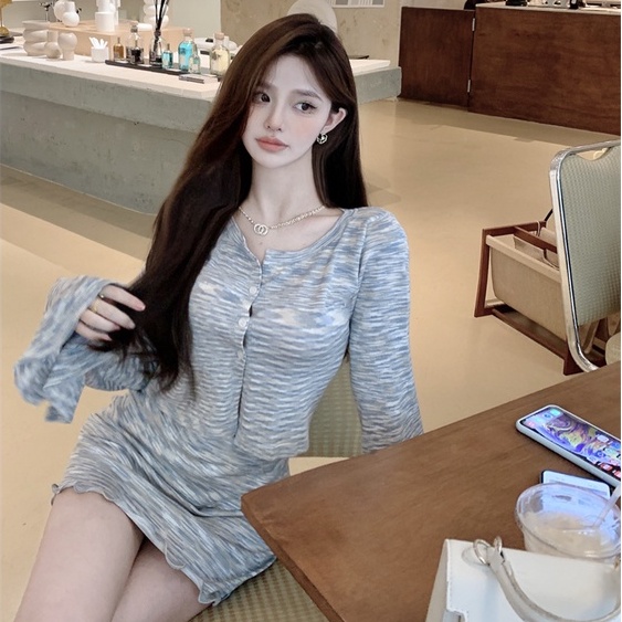Set Chân Váy Lưng Cao Và Áo Tay Dài Cổ Chữ V Màu Sắc Thời Trang Hàn Quốc Cho Nữ