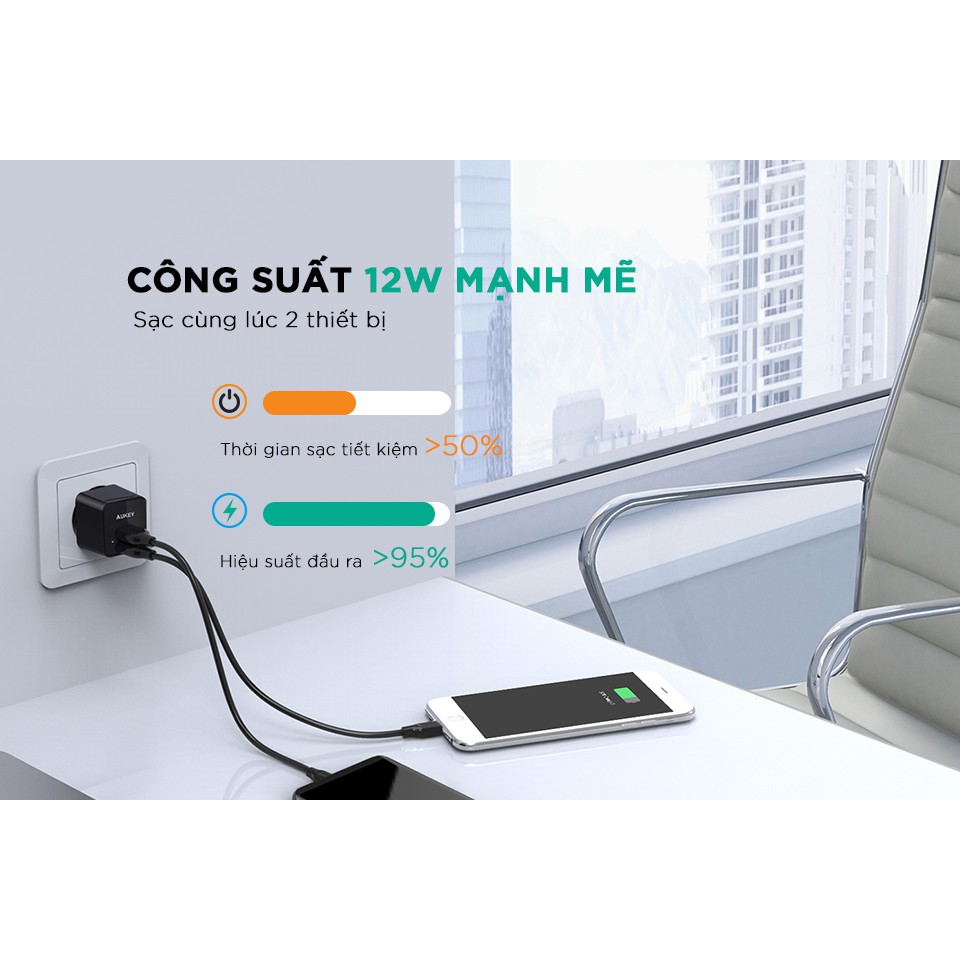 Cốc Sạc Aukey PA-U32 2 cổng 2.4A 12W Công Nghệ AiPower - BH 24T Chính Hãng