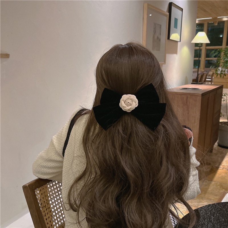 Kẹp tóc nơ màu đen bằng vải nhung phong cách Hàn Quốc cho nữ