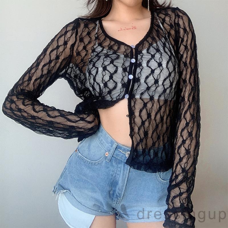 Áo khoác cardigan dài tay cổ chữ V ren xuyên thấu màu trơn thời trang nữ | BigBuy360 - bigbuy360.vn