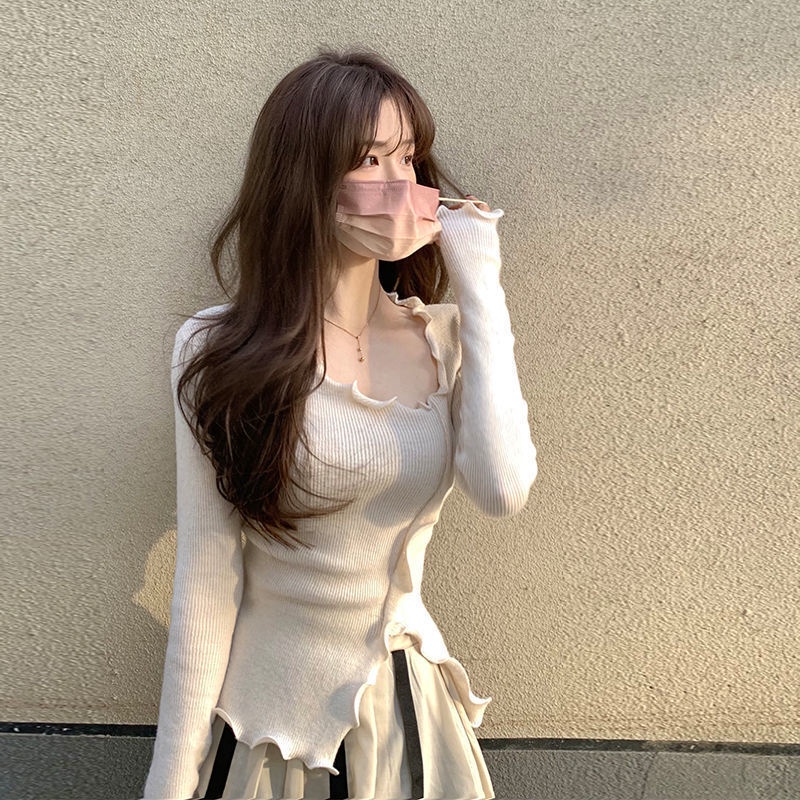 Áo Sweater Dệt Kim Dáng Ôm Phối Tai Gỗ Lệch Tà Cá Tính  tao bao