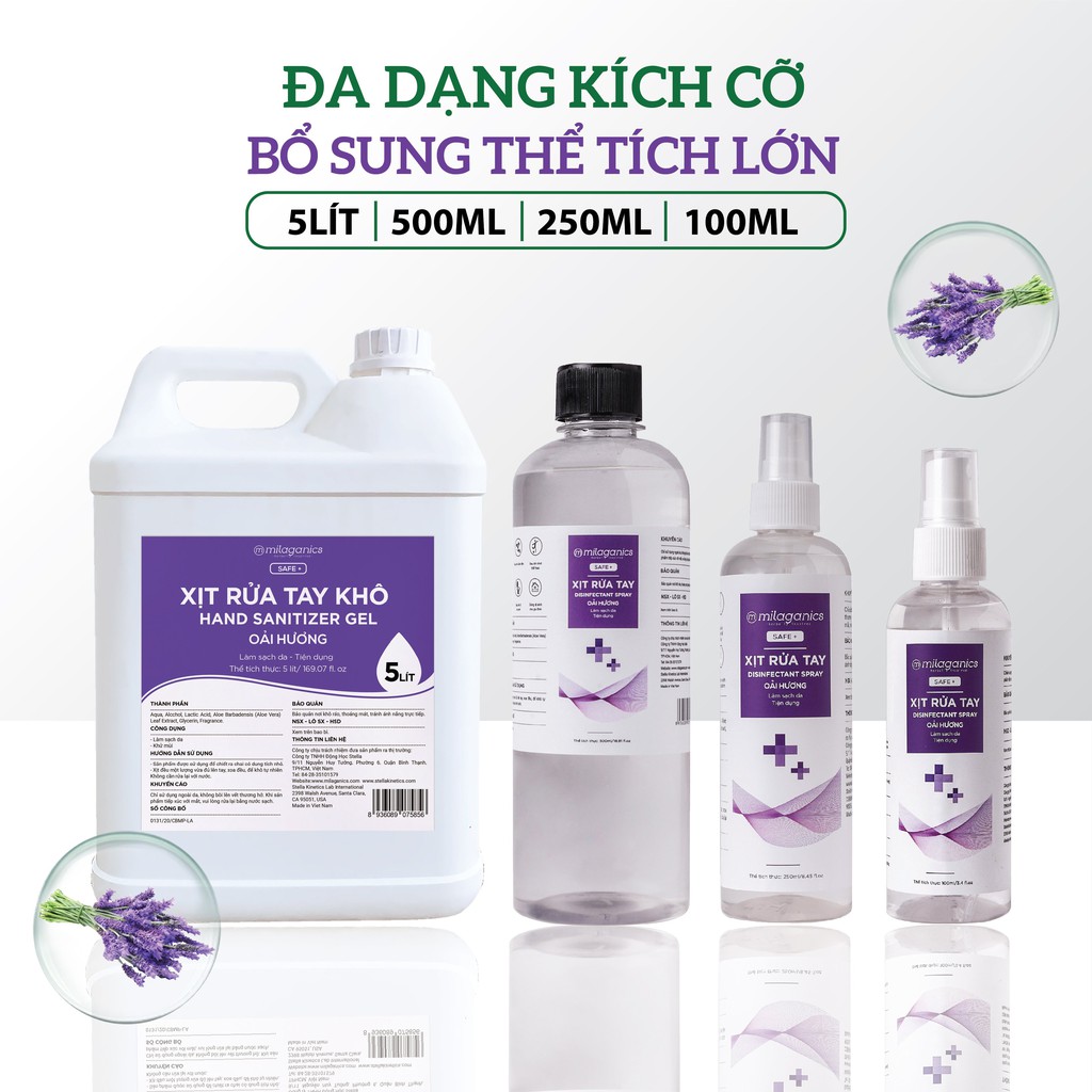 Xịt Rửa Tay Oải Hương Làm Sạch Vượt Trội, X3 Dưỡng Ẩm Không Gây Khô Da MILAGANICS 100ml (Chai)