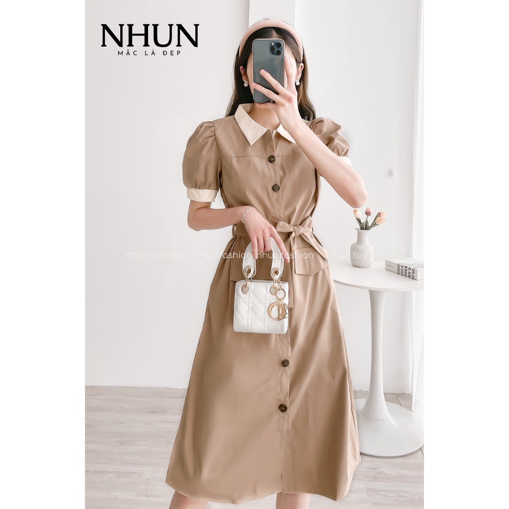 Váy đầm nữ sơ mi dáng dài, Đầm công sở nữ vải mềm thiết kế kèm đai eo dáng cực xinh N14