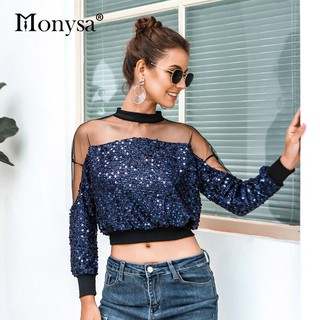 Áo crop top lưới tay dài đính kim sa lấp lánh