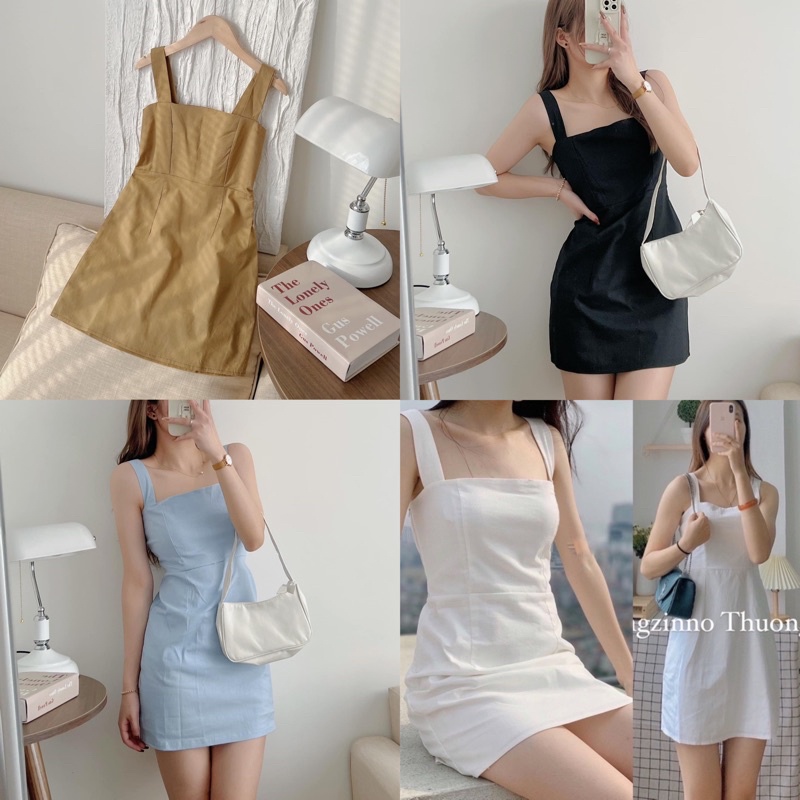 [Ảnh thật/Video]Váy hai dây gam màu Tây Âu Váy hai dây Hàn Quốc dánh suông