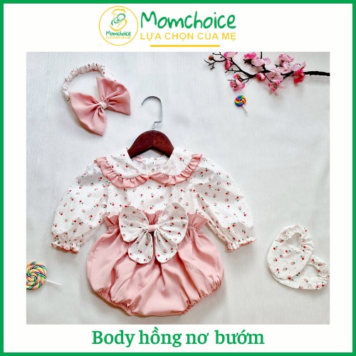 Bodysuit hồng nơ cổ sen dễ thương❤️FREESHIP❤️BODY hồng chất đũi hàn phối thô cotton (kèm turban&giày vải) từ ss - 13kg