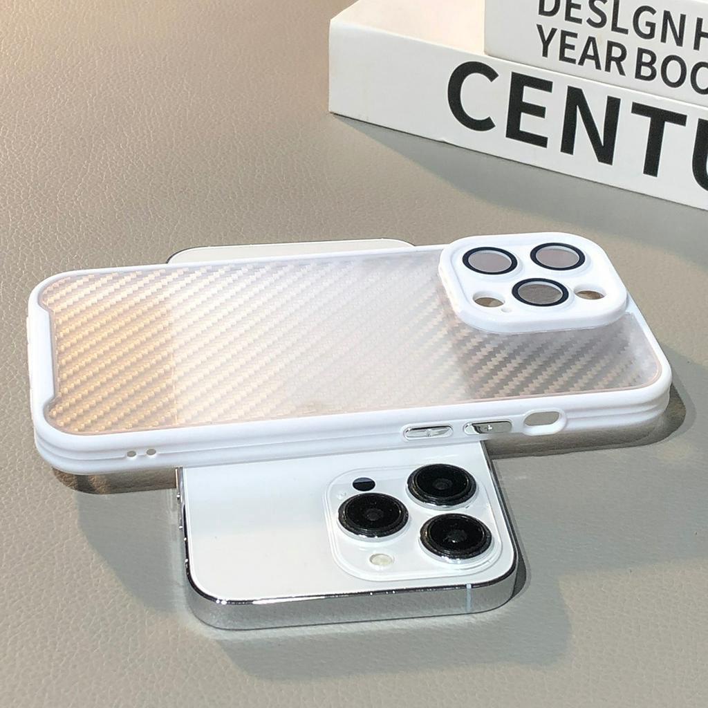 Ốp Điện Thoại Cứng Họa Tiết Sợi Carbon Màu Trắng Kèm Phim Dán Ống Kính Máy Ảnh Cho compatible for iPhone 11 12 13 14 pro max