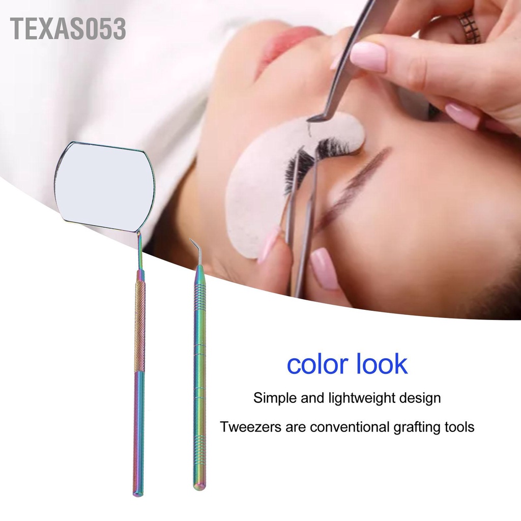Texas053 Bộ nhíp nối dài lông mi bằng thép không gỉ Knurled Tay cầm Gương kính có thể tháo rời dụng cụ kẹp đầy màu sắc tay