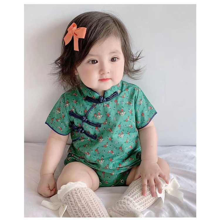 Bộ body cho bé gái sơ sinh 100% cotton cao cấp,Bộ Áo Liền Quần Kiểu Sườn Xám Tay Ngắn In Hoa Xinh Xắn Cho Bé Gái