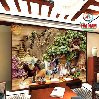 Tranh dán tường 3D Mã đáo thành công - tranh ngựa - Vải lụa kim tuyến - thiết kế theo yêu cầu