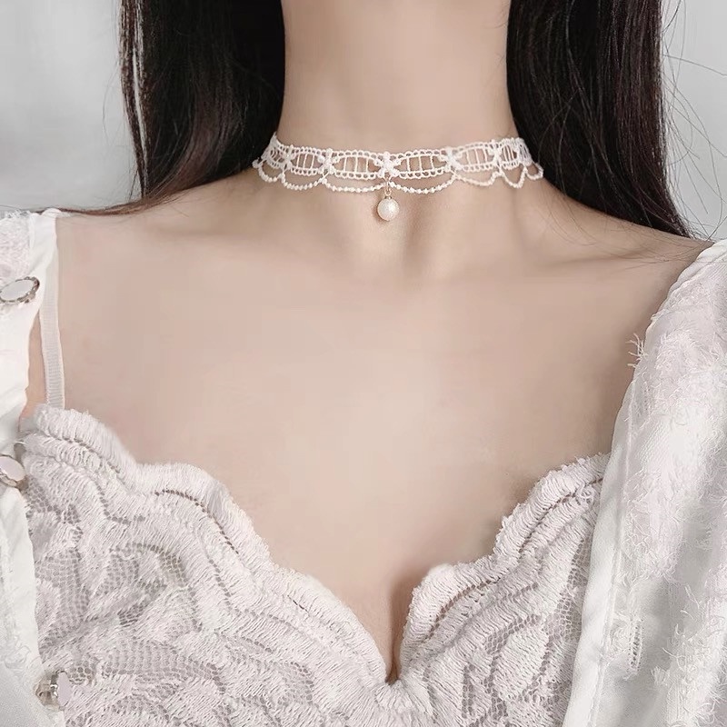 Vòng Cổ Choker Ren Trắng Đính Ngọc Trai Phong Cách Hàn Quốc