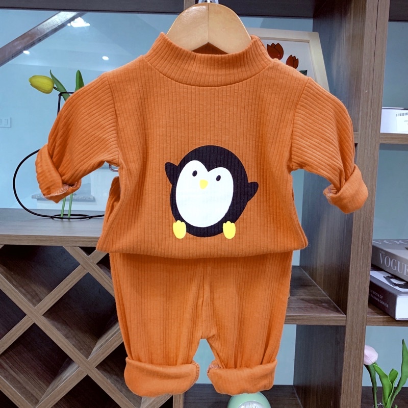 Bộ quần áo bé gái bé trai, chất liệu len tăm mỏng cổ 3 phân, co giãn thấm mồ hôi , in hình siêu xinh