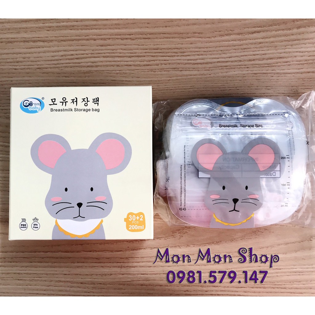 (Mẫu mới) Túi trữ sữa GB Baby 200ml có vòi rót hình bé chuột đáng yêu (32 túi/hộp)