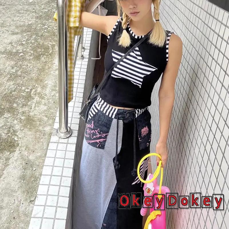 Áo Tank Top Không Tay Cổ Tròn In Họa Tiết Ngôi Sao Kẻ Sọc Cổ Điển Cho Nữ