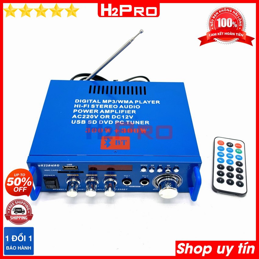 Amply mini 12V-220V Bluetooth H2PRO AV298BT 600W Radio-USB-Thẻ nhớ-Karaoke, ampli mini công suất lớn giá rẻ ( tặng quà )