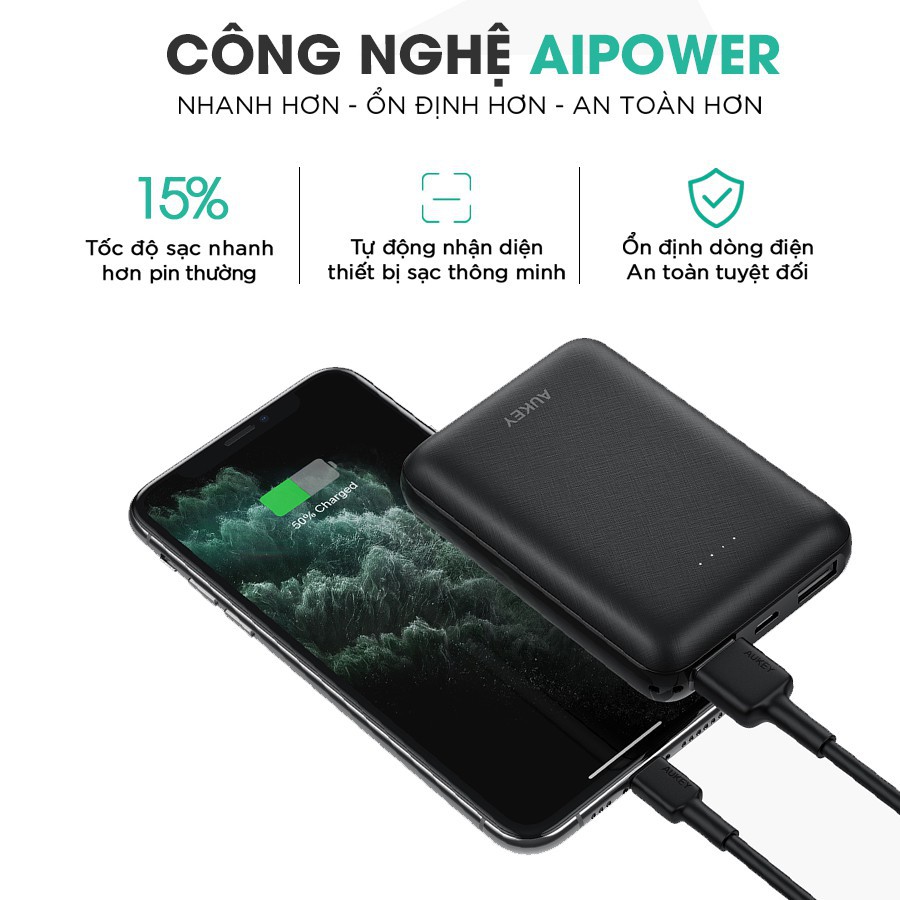 Sạc Dự Phòng 10000mAh AUKEY PB-N66 2 Cổng Sạc 2.4A Công Suất 12W, Công Nghệ Aipower