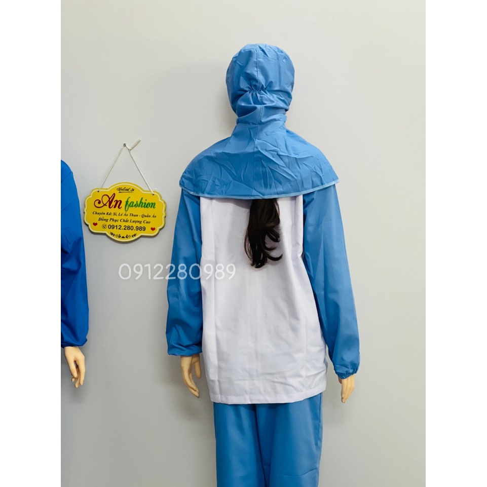 Đồng phục ngành thực phẩm, thủy sản vải kaki màu xanh dài tay _ Hình chụp thật