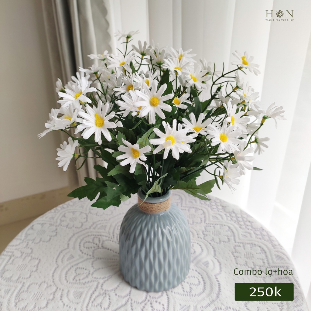 Hoa giả, hoa lụa - Combo bình + hoa cúc họa mi giả trang trí, cao 35cm - Han decor