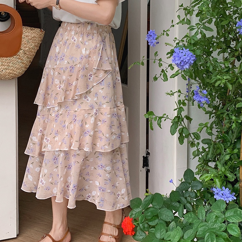 SUXI Chân Váy Midi Lưng Cao Hoạ Tiết Hoa Thời Trang Mùa Hè Cho Phái Nữ