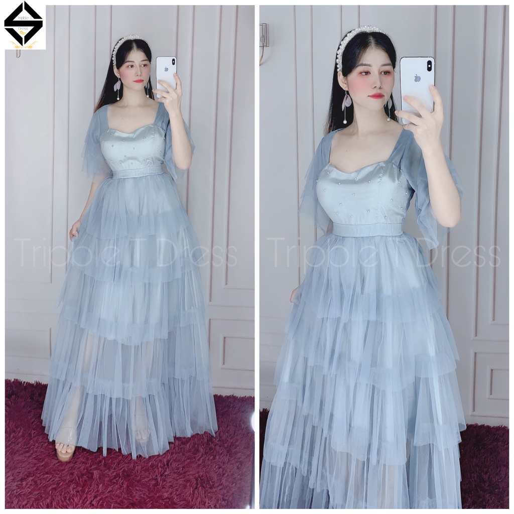 Đầm maxi dự tiệc xếp tầng tay loa TRIPBLE T DRESS -size M/L (kèm ảnh/video thật) MS302V