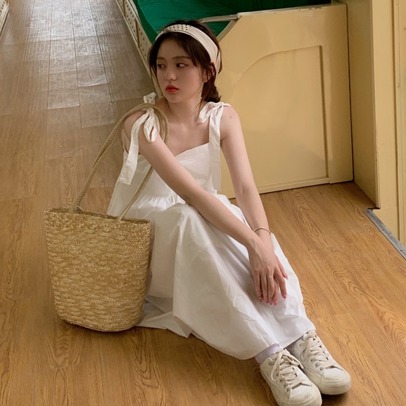 Đầm babydoll hai dây thô buộc vai bản to phong cách Ulzzang Hàn Quốc (Video Unbox)