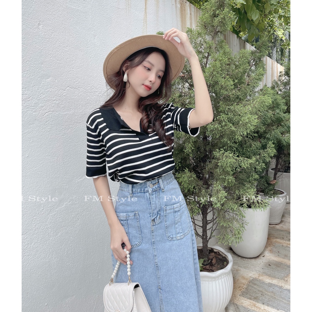 Áo nữ Fm Style polo sọc ngang chất vải dệt kim phong cách phối đồ dễ 210717045 | BigBuy360 - bigbuy360.vn