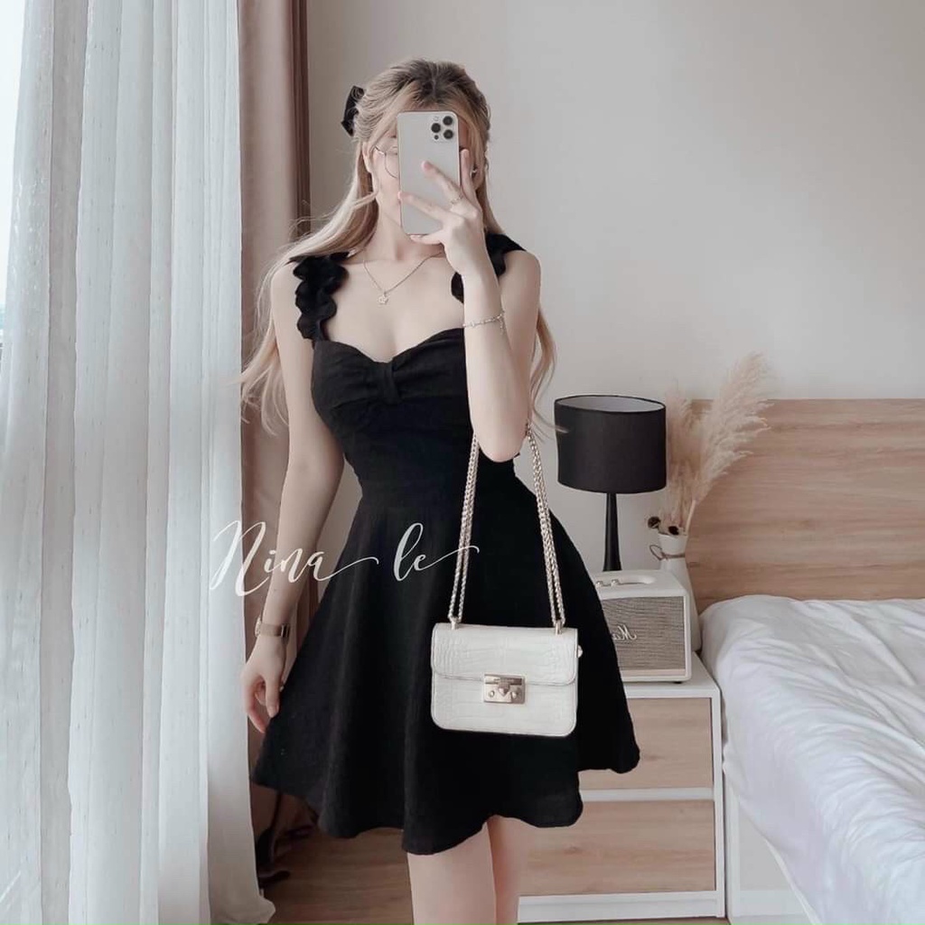 Đầm xòe ngắn hai dây vai bèo có mút ngực màu đầm trắng, đen nude, kiểu đầm dự tiệc phong cách trẻ trung thời trang ARAVA