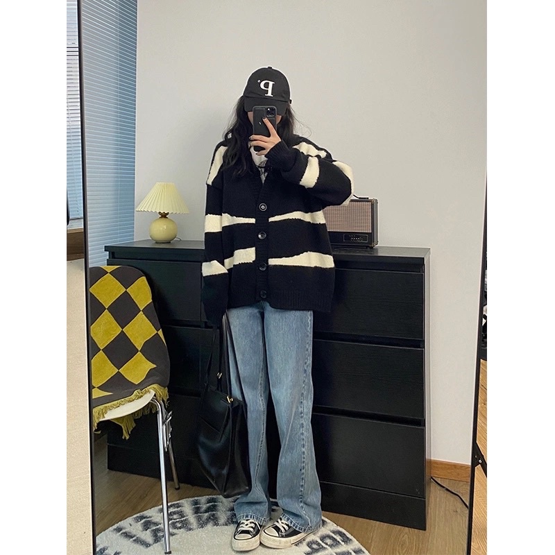 Áo Cardigan Nữ Màu Đen Xanh Kẻ Ngang Vằn To Dài Tay Cài Cúc, Áo Khoác Ngoài Thu Đông Dài Tay Loại 1 Hàn Quốc Đủ Size